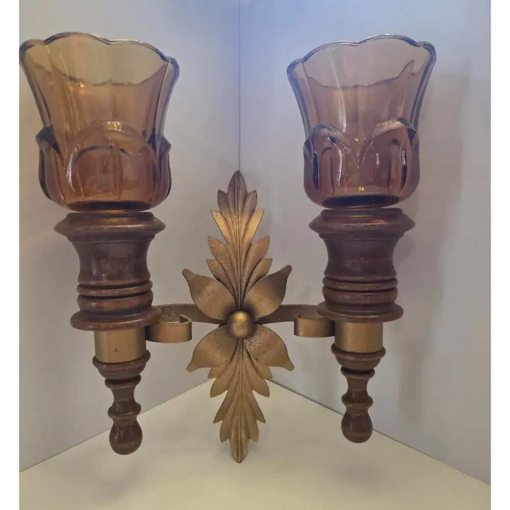Vintage Homco Double Wall Sconce - Wood, Brass Finish & Amber Glass Sconces